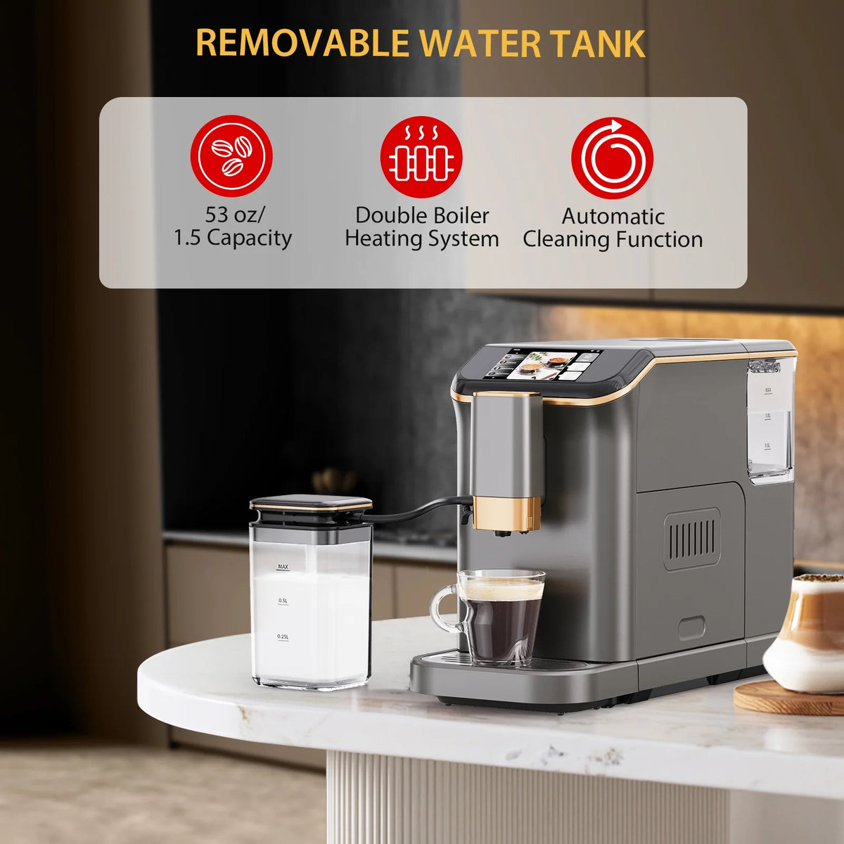 AOILE 20-Bar Dual Boiler Espresso Machine, Self-Cleaning Coffee Maker with Grinder & LCD Touch Panel