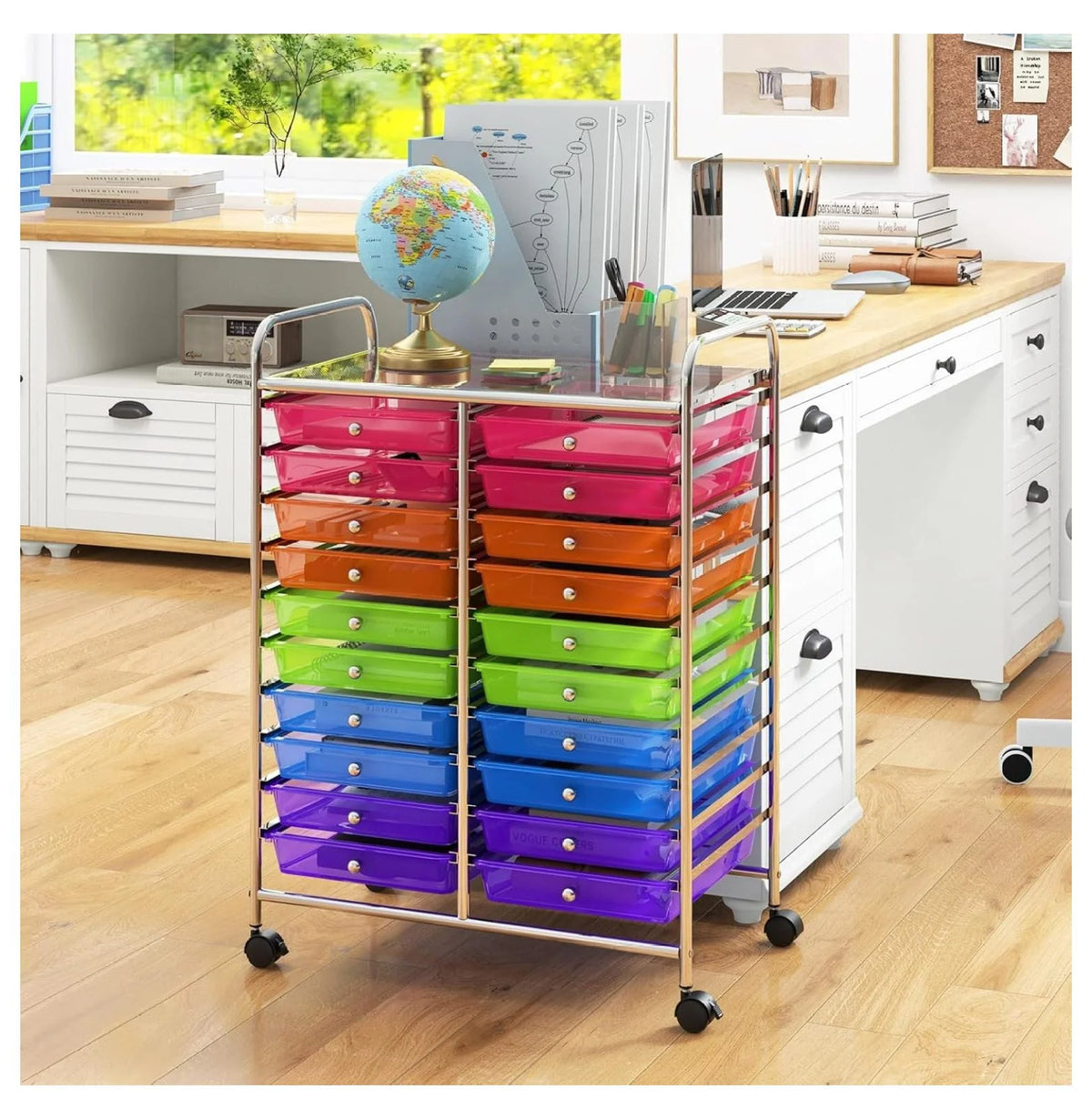 20 Drawers Storage Cart w/Rolling Wheels, Semi-Transparent Mobile Rolling Drawer Cart for School Classroom Office Home Salon, Files Scrapbook Craft Organizer, Utility Cart on Wheels (Clear)