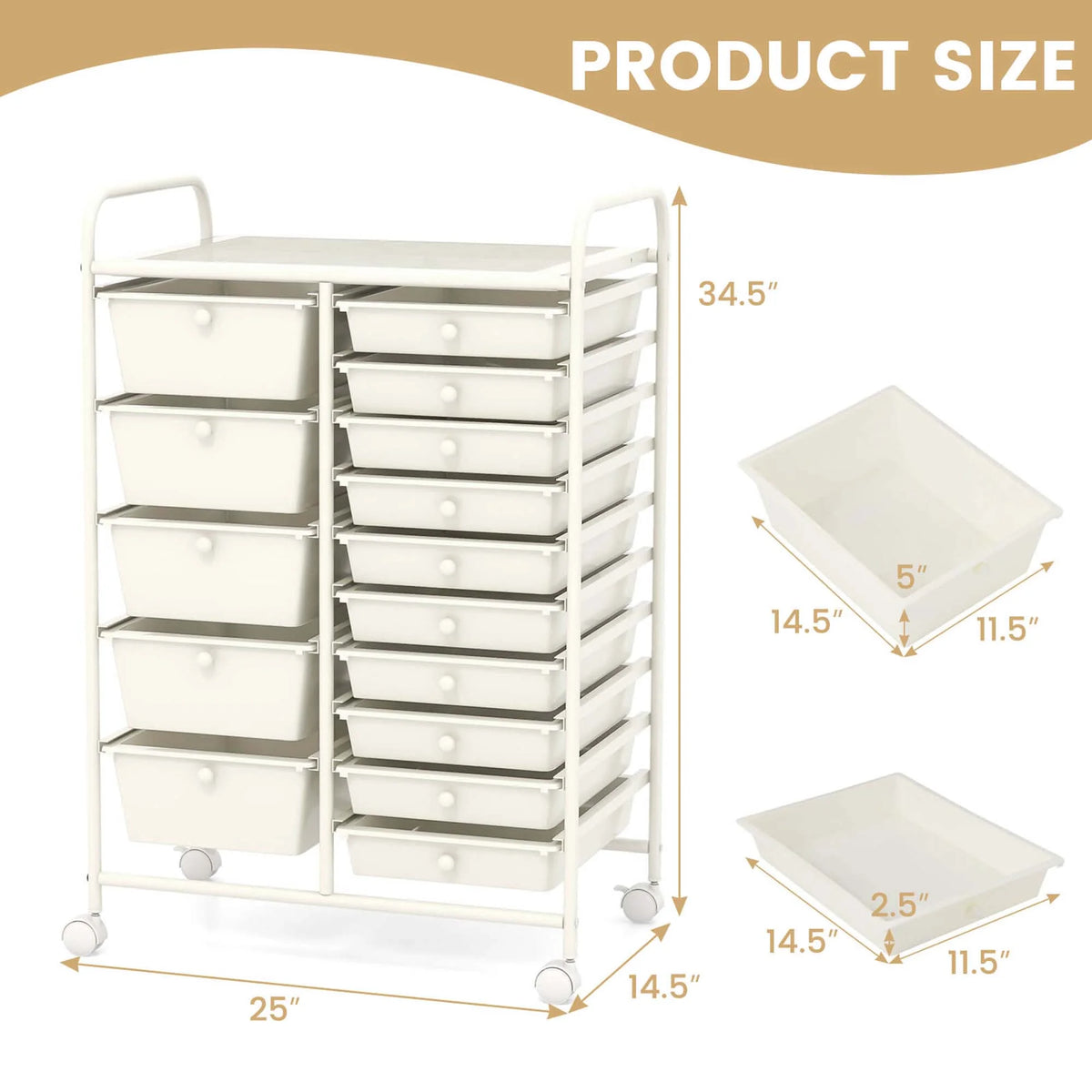 Costway 15 Drawer Rolling Storage Cart Tools Scrapbook Paper Office School Organizer White