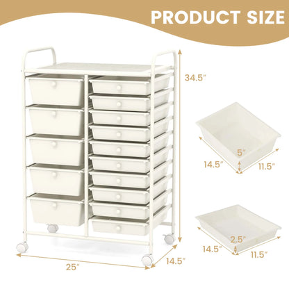 Costway 15 Drawer Rolling Storage Cart Tools Scrapbook Paper Office School Organizer White