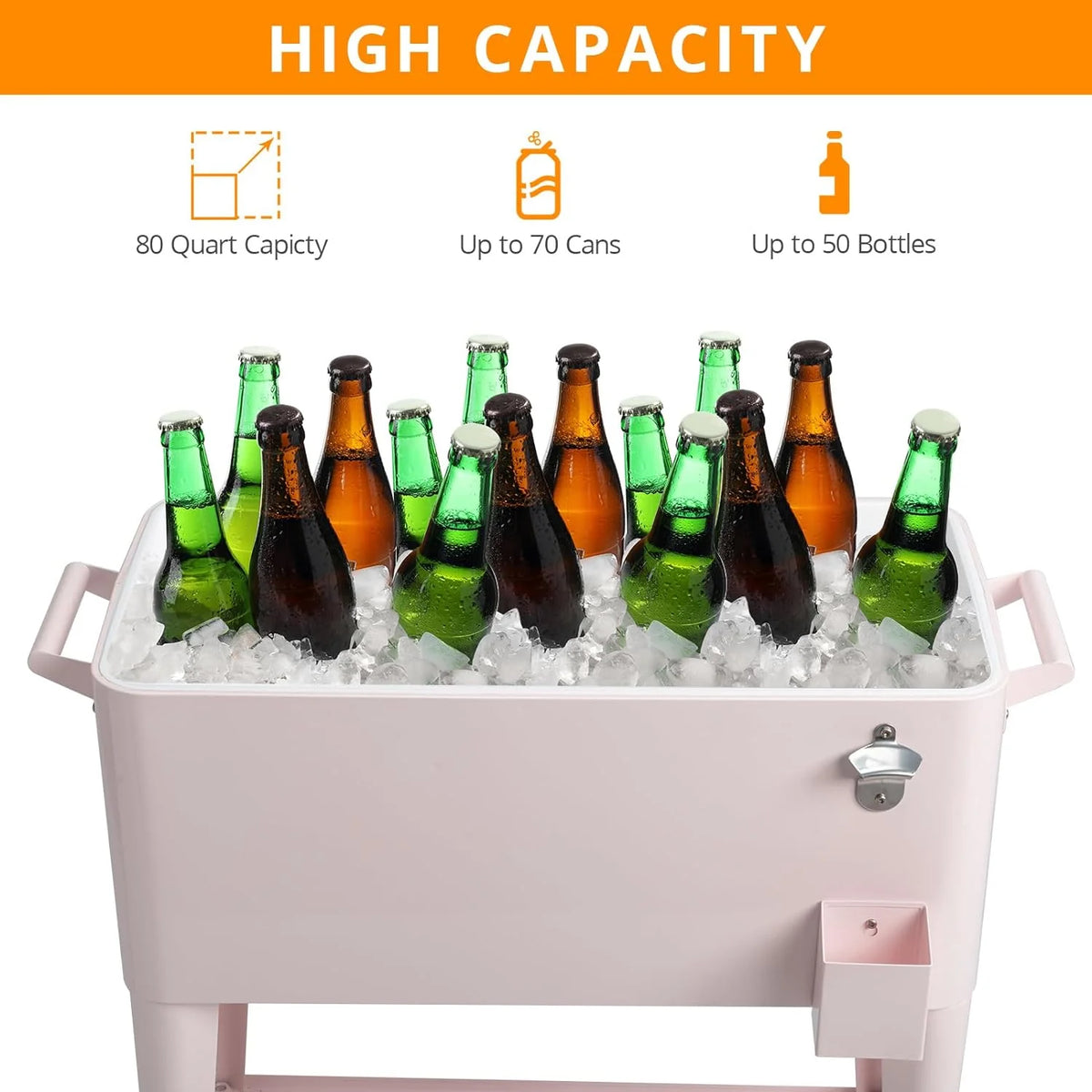 80 Quart Rolling Ice Chest, Portable Bar Drink Cooler with Catch Basin, Bottom Storage Tray and Bottle Opener for Patio Party BBQ Beach Activities
