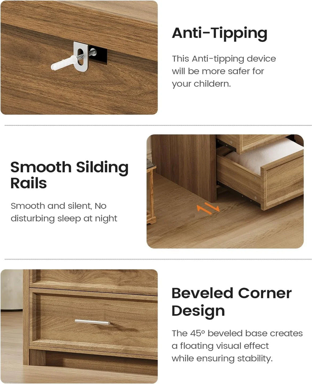 AOGLLATI Mid-Century Modern Dresser for Bedroom with 5 Drawer, Dressers& Chests of Drawers, 44.5�� Tall Wood Dresser with 3 Color Lights for Bedroom, Wood