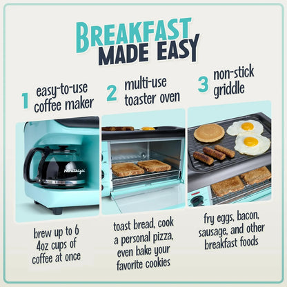 3-in-1 Breakfast Station - Includes Coffee Maker, Non-Stick Griddle, and 4-Slice Toaster Oven - Versatile Breakfast Maker with Timer - Aqua