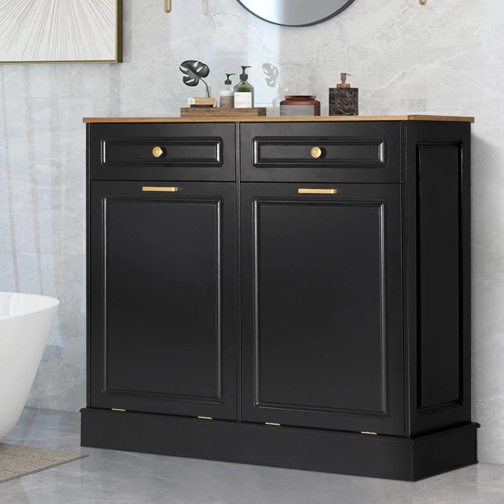 Eclife 20 Gallons Double Tilt Out Trash Cabinet Wood Tabletop, Upgrade Gray, WB010GY