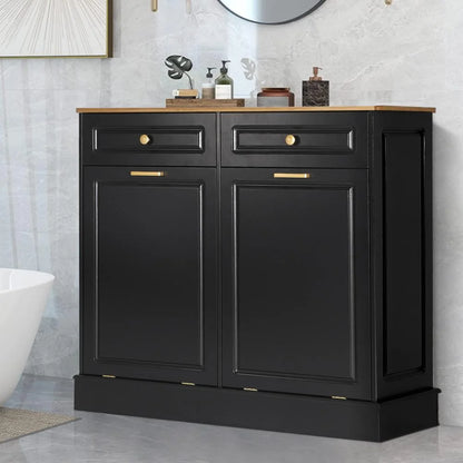 Eclife 20 Gallons Double Tilt Out Trash Cabinet Wood Tabletop, Upgrade Gray, WB010GY
