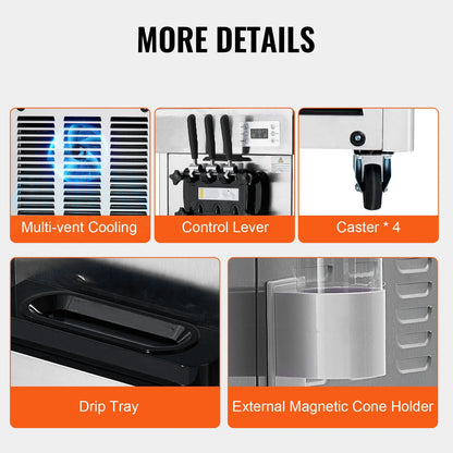 KFFKFF Commercial Soft Ice Cream Machine 21-31 L/H Output 3-Flavor  LED Display Auto Clean 4.3L/1.1GAL Hopper ,1.7L/0.45gal Cylinder