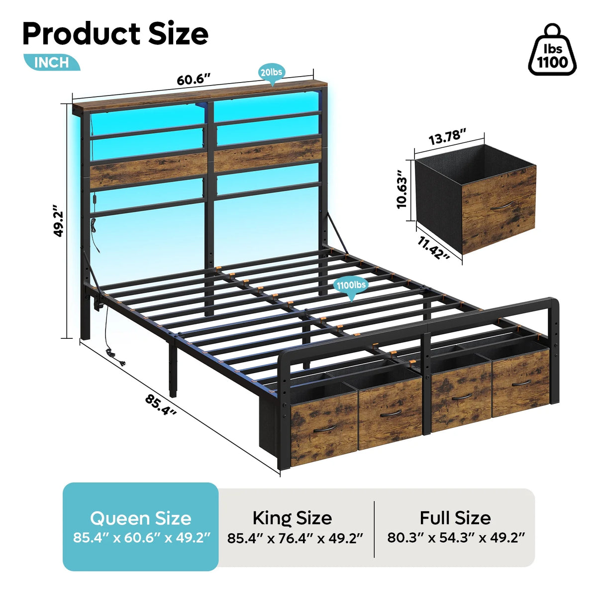 Pinmoco LED Queen Bed Frame with 49.2" High Storage Headboard and 4 Drawers, Adjustable Base Height Metal Platform Bed with Charging Station, Rustic