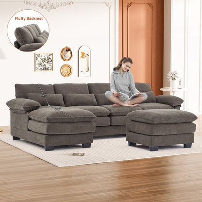 Rophefx 114.3" U Shaped Sectional Couches for Living Room,Cloud Couch,4 Seats Chenille Couch with Double Layer Cushion,Orange