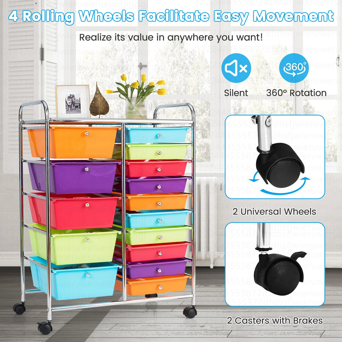 Costway 15 Drawer Rolling Storage Cart Tools Scrapbook Paper Office School Organizer White