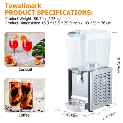 TROPOW Commercial Beverage Dispenser, 2 Tanks ,Juice Dispenser, 380W Stainless Steel Food Grade Lemonade Dispenser With Thermostat Controller, Drink Dispensers for Parties Restaurant