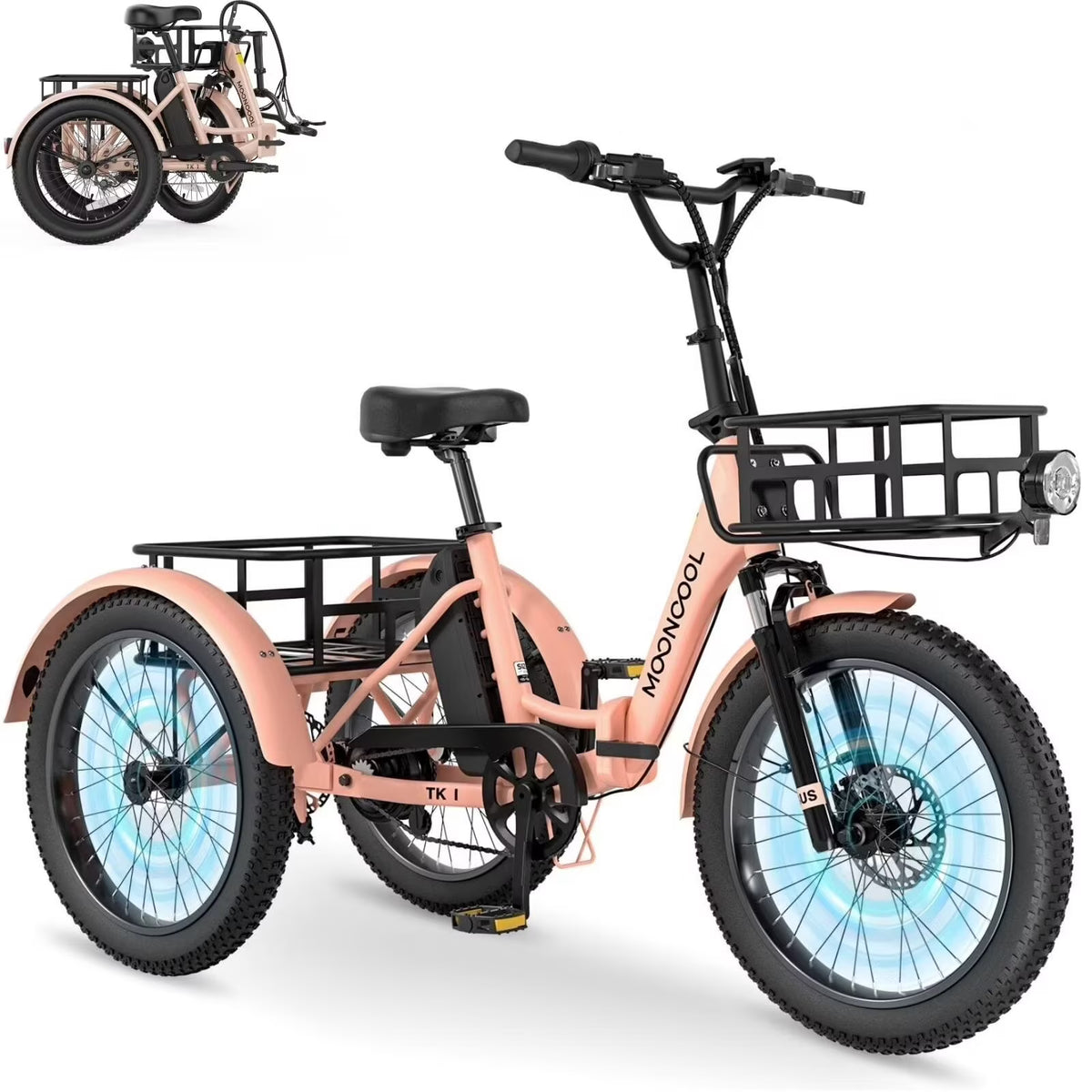 MOONCOOL TK1 Folding Electric Tricycle for Adults,48V 14.5Ah Removable battery, 500W（Peak 1000w）Motor, 20" Fat Tire Step-Thru 3Wheel Electric Bicycle w/Front&Rear Baskets, Certified to UL 2849 by SGS