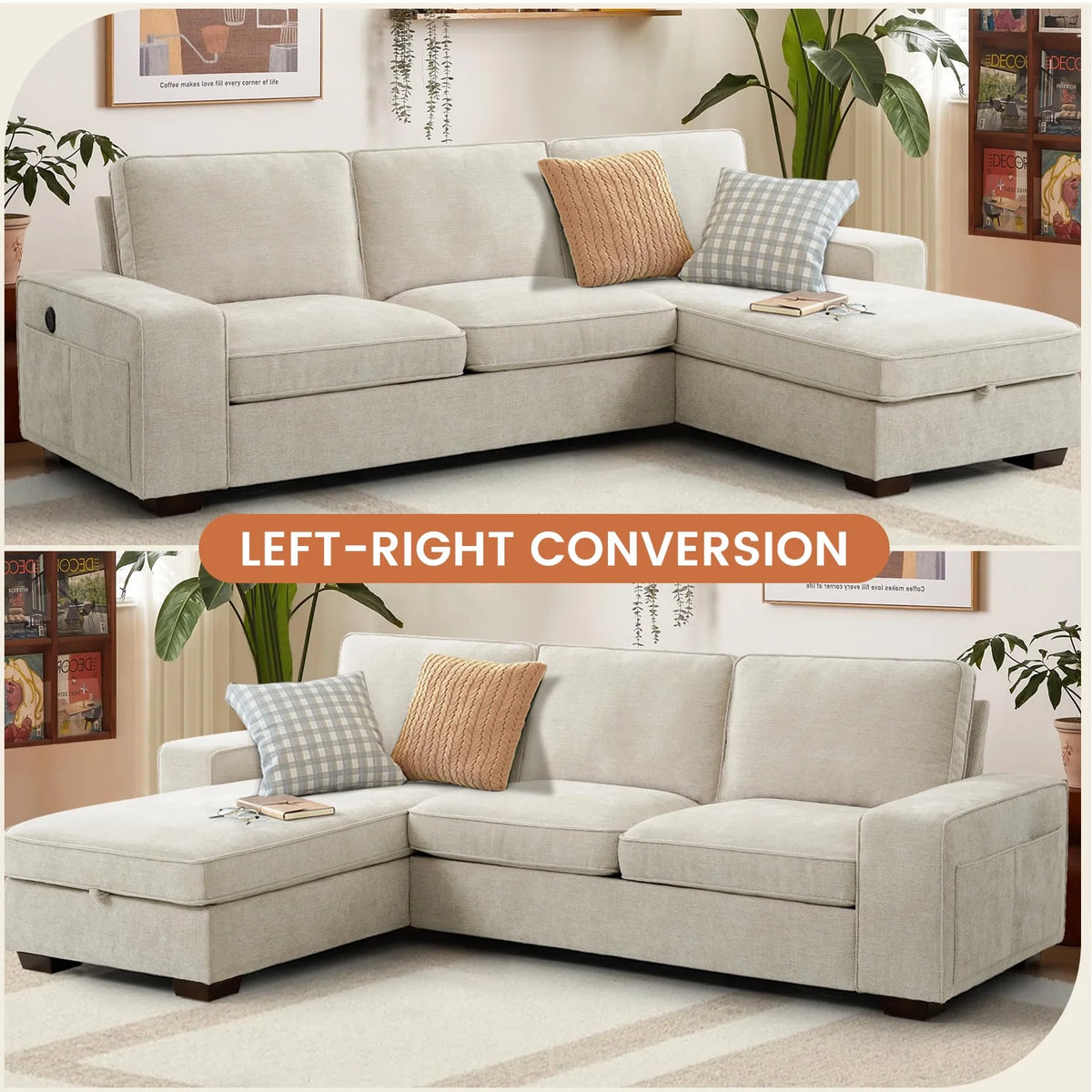ASHOMELI 99'' Convertible Sectional Sofa,L Shaped Couch,Multi-Functional Reversible Sofa with USB and Type-C Charging Ports, Storage Space, Breathable Fabric