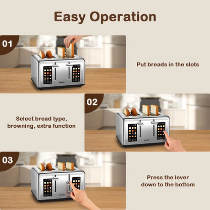 Mecity 4-Slice Touchscreen Toaster, Stainless Steel, 6 Browning Settings, Reheat, Cancel, Defrost, Removable Tray
