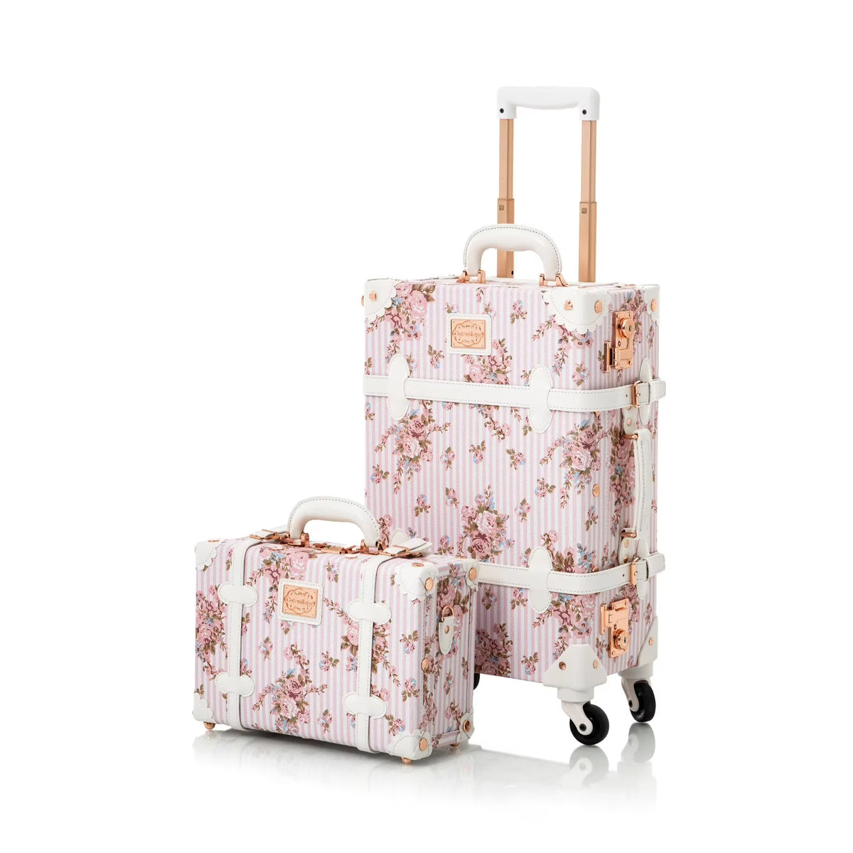 COTRUNKAGE Vintage Trunk Luggage Set TSA Lock Carry On Suitcase for Women (13" & 20", Pink Floral)