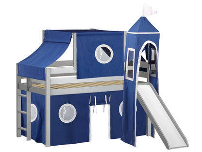 JACKPOT! Castle Low Loft Bed with Slide, Red Yellow and Blue Tent and Tower, Twin, Cherry
