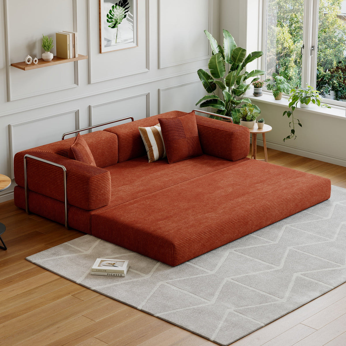 Convertible Sleeper Sofa Bed,Compressed Floor Boneless Couch,Modular Modern Corduroy Sofa for Living Room Bedroom -with Fixed-Shape Frame and Support Armrest,Easy Assembly(Green)