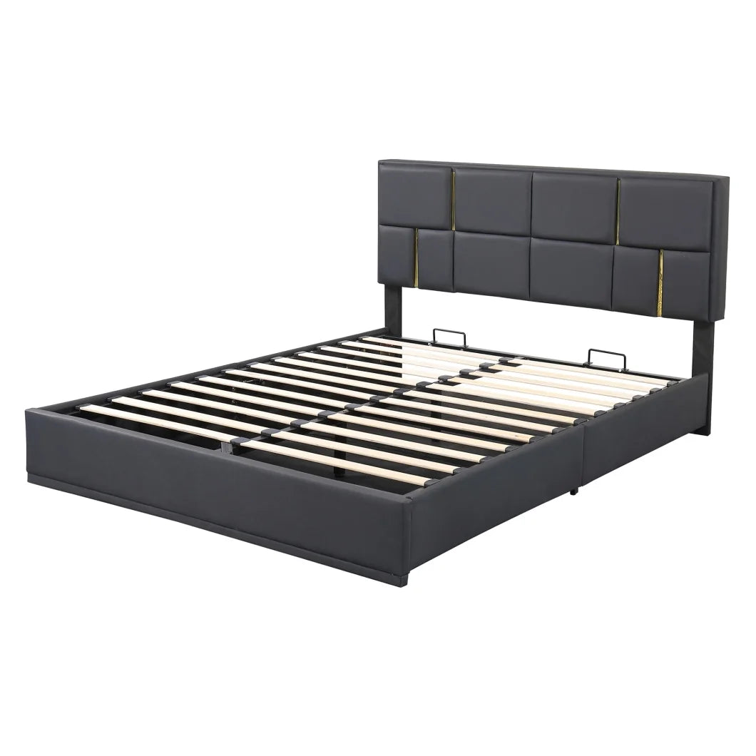 2-Pieces Bedroom Sets, Queen Size Upholstered Platform Bed with Hydraulic Storage System,Storage Ottoman with Metal Legs, 2 Piece Wood Bedroom Furniture Set, Beige