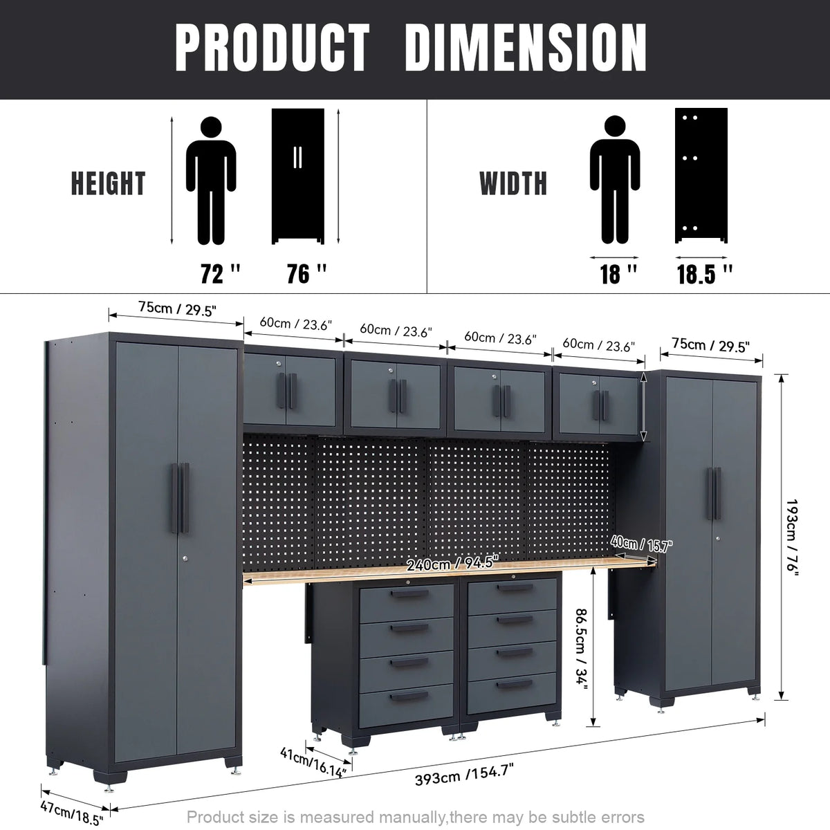 HPDMC Garage Storage Cabinet System 7-Pcs Workshop Set Metal Garage Cabinets System with Steel Cabinet Drawers, Workbench, Pegboard for Garage Tool Organization