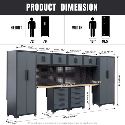 HPDMC Garage Storage Cabinet System 7-Pcs Workshop Set Metal Garage Cabinets System with Steel Cabinet Drawers, Workbench, Pegboard for Garage Tool Organization