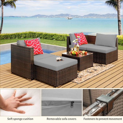 Patio Furniture Set Clearance, Lofka 5 Pieces Patio Conversation Set with Sofas and Tempered Glass Coffee Table for Outdoor Garden Gray