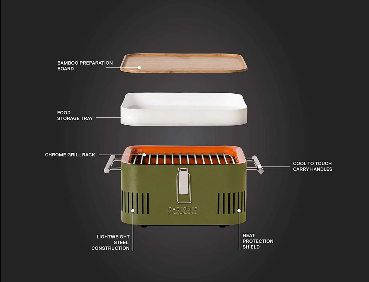 Everdure Cube Charcoal Grill with Cool Touch Handles, Storage Container & Bamboo Serving Board