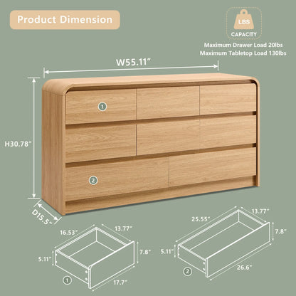 wow97e Modern 8 Drawers Dresser for Bedroom, 55" Wide Wood Chest of Drawers w/Curved Profile Design, for Bedroom, Living Room, Natural Oak