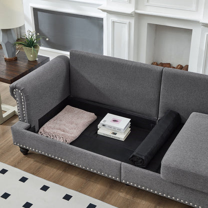 2 Piece Living Room Sofa Set, Modern Leather 3 Seater and Loveseat Sofa with Storage Seats and Rolled Nails Arms for Living Room, Brown