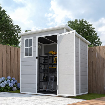 Outdoor Shed & Storage, Seizeen All-Weather Plastic Sheds 82'' H, Sloped Top Garden Shed with Window, Heavy-Duty Resin Outdoor Storage W/Floor, Gray