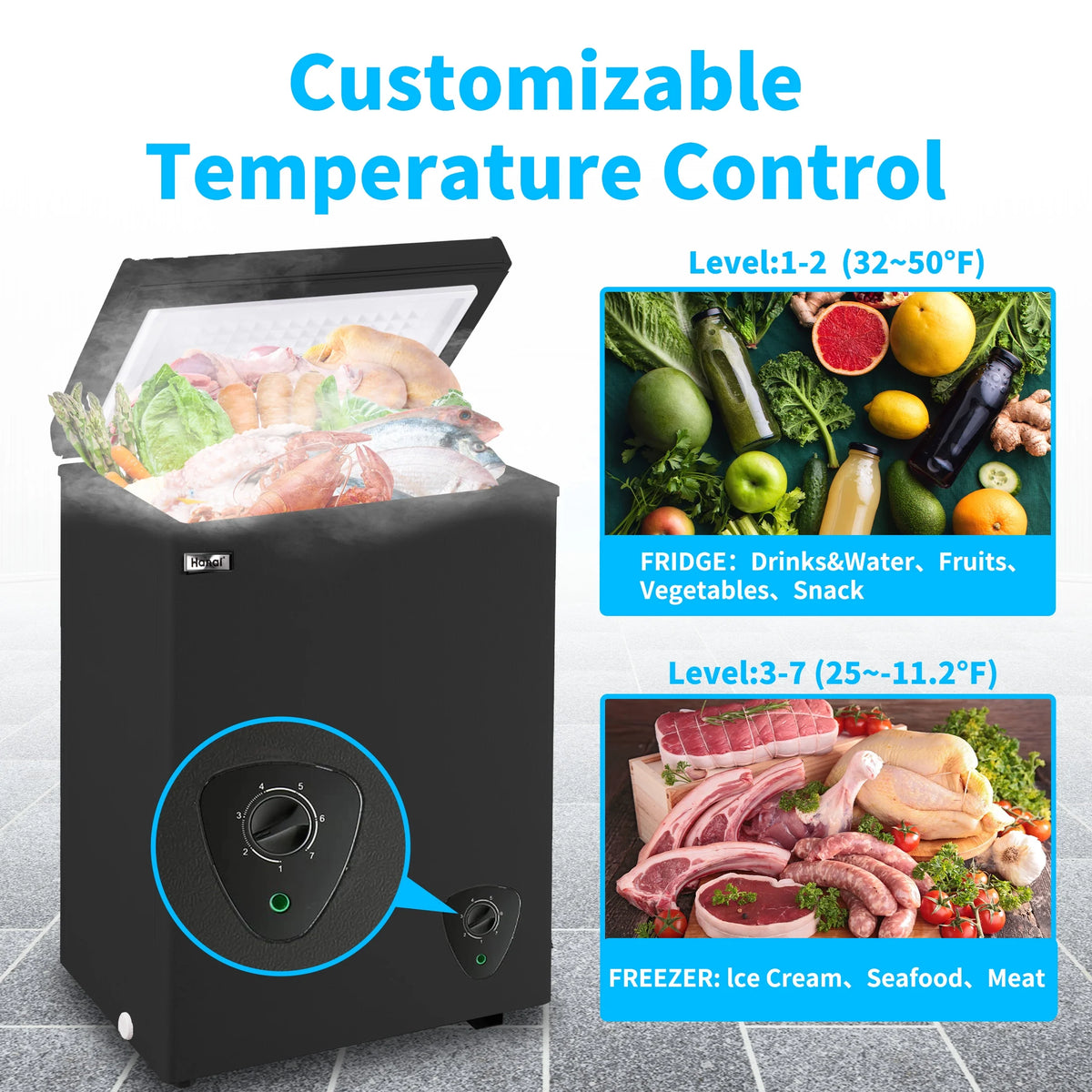 3.5 Cubic Chest Freezer, Compact Deep Freezer with Top Open Door and Removable Storage Basket, 7 Gears Temperature Control, Energy Saving, for Office Dorm or Apartment