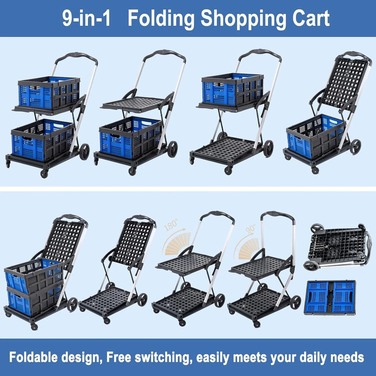 Foldable Grocery Cart with Wheels and Removable Storage Crate, Collapsible Shopping Cart, 2-Tier Portable Utility Cart for Home, GroceriesSupermarket