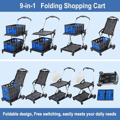 Foldable Grocery Cart with Wheels and Removable Storage Crate, Collapsible Shopping Cart, 2-Tier Portable Utility Cart for Home, GroceriesSupermarket