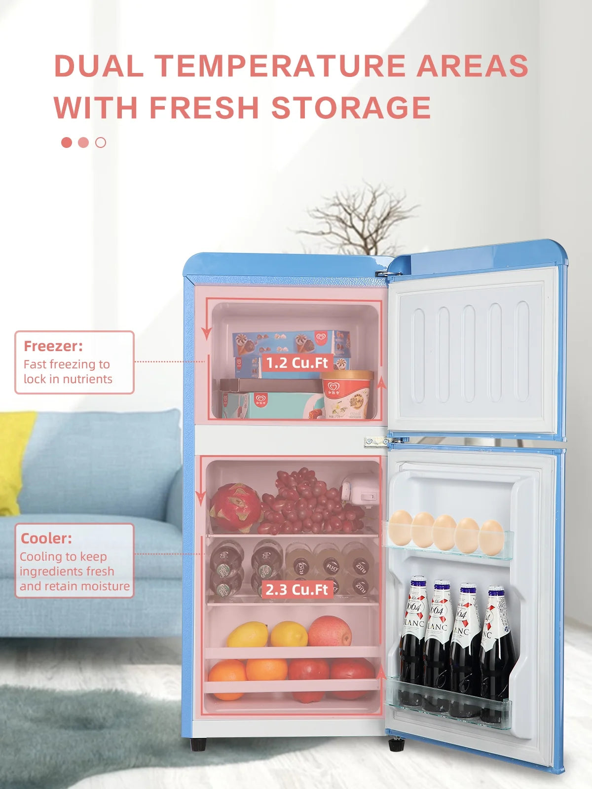 Krib B Compact Refrigerator 3.5 Cu.ft, Mini Fridge with Freezer, Modern Fridge with Dual Door, 7 Grade Temperature Adjustment, Silver