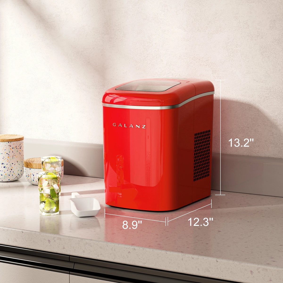 Galanz Portable Countertop Electric Maker Machine 26 lbs in 24 Hours, 9 Bullet Shaped Cubes Ready in 9 Minutes, 2 Ice Sizes, Perfect for Parties & Home Bar, 2.1 L, Retro Red