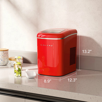 Galanz Portable Countertop Electric Maker Machine 26 lbs in 24 Hours, 9 Bullet Shaped Cubes Ready in 9 Minutes, 2 Ice Sizes, Perfect for Parties & Home Bar, 2.1 L, Retro Red