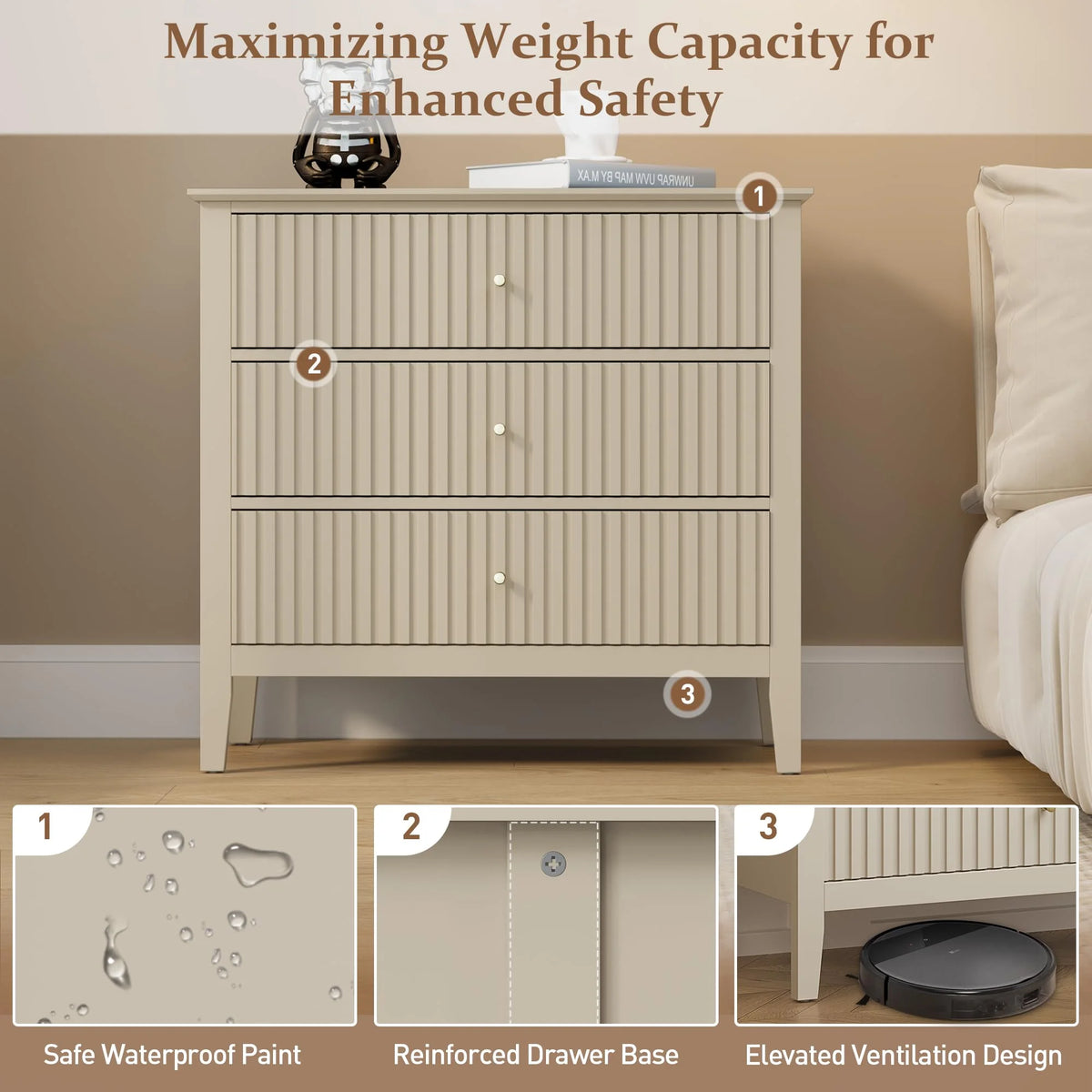 May Color Large White 3 Drawer Dresser Set of 2 with Fluted Panel, Modern Chest of Drawers with Silent Slide Drawers, Wood Accent Nightstand with Storage for Bedroom Living Room, Hallway