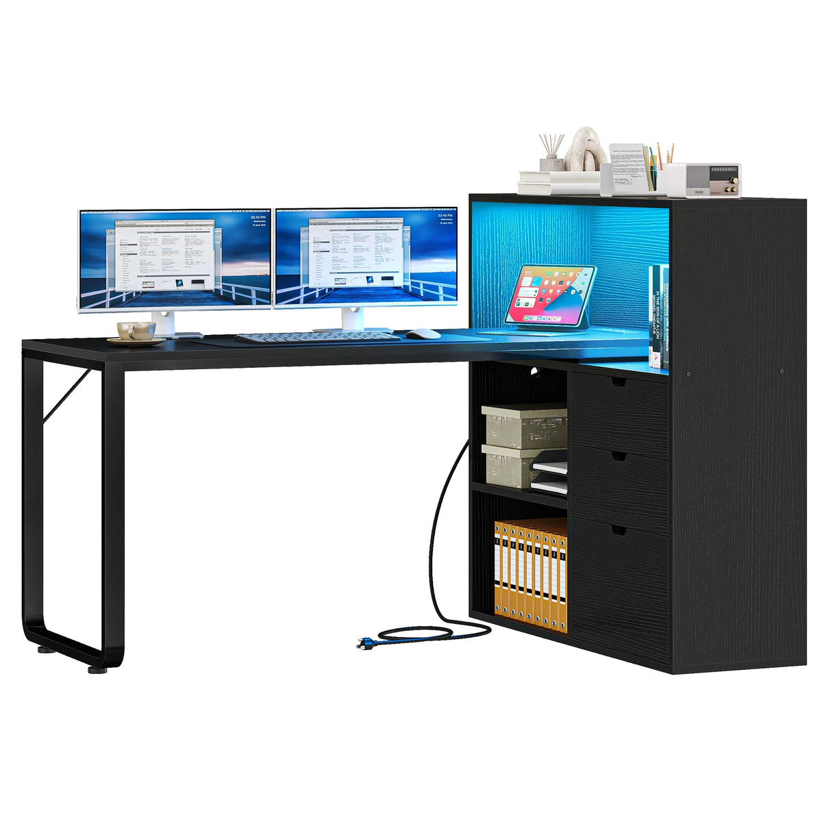 Dextrus L Shaped Desk with Power Outlets & LED Lights, Computer Desk with 3 Drawers and 3 Storage Shelves, White Office Desk Corner Desk for Home Office