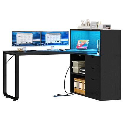 Dextrus L Shaped Desk with Power Outlets & LED Lights, Computer Desk with 3 Drawers and 3 Storage Shelves, White Office Desk Corner Desk for Home Office