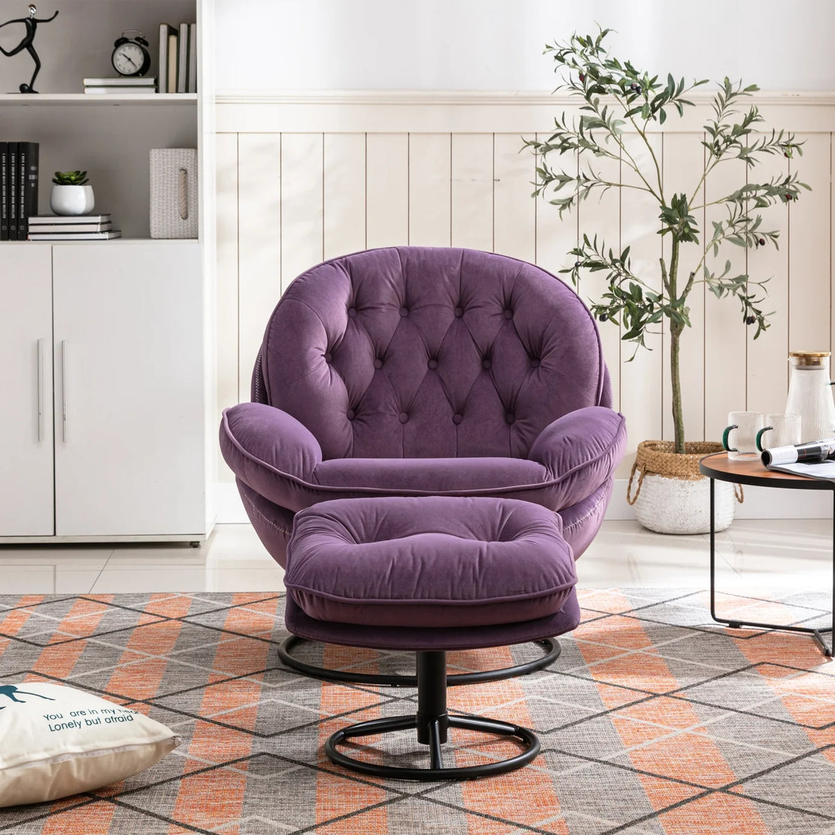 Velvet Swivel Accent Chair with Ottoman Set, Modern Tufted Armchair with Footrest for Living Room Reading TV Chairs for Adults, Comfy Chaise Lounge Chairs with 360 Degree Swiveling for Bedroom, Pink