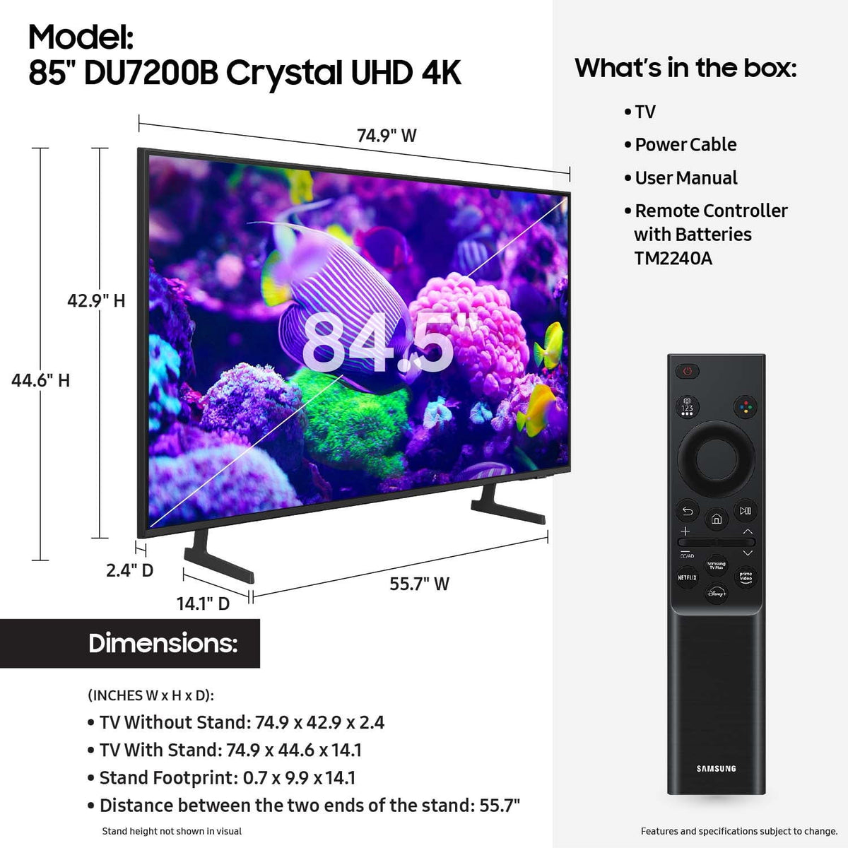 Samsung 85′′ Crystal UHD 4K Smart TV with PurColor & HDR – DU7200B 2024 Model