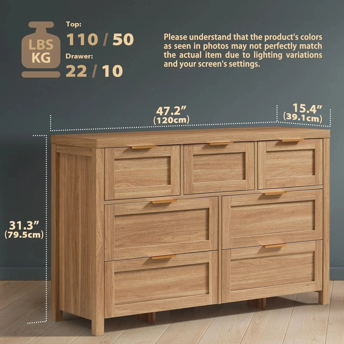 ARKANTOS Wooden 6 Drawer Double Dressers, Wide Chests of Drawers for Bedroom, Natural Oak