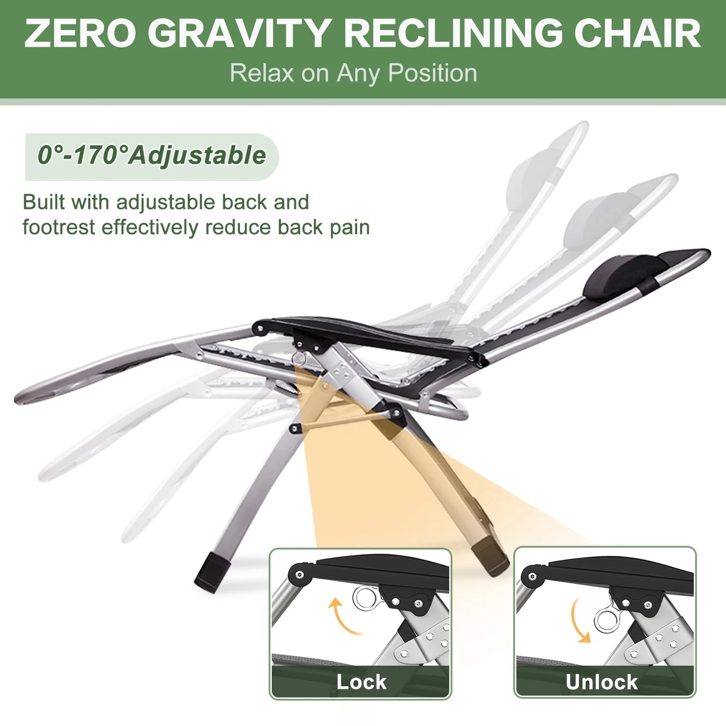 NAIZEA 2 Pack Zero Gravity Chair, Foldable Portable Lawn Recliner with Cushion, Headrest, Cup Holder, Black