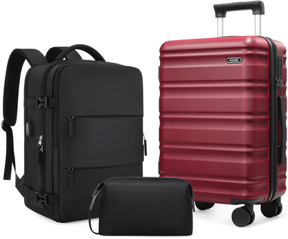 MIUSSE Luggage Sets 3 Piece, 20 Inch Carry On Luggage with Wheels, 100% PC Hardshell Suitcase with TSA Lock, Carry On Suitcases Airline Approved With Travel Backpack for Men Women