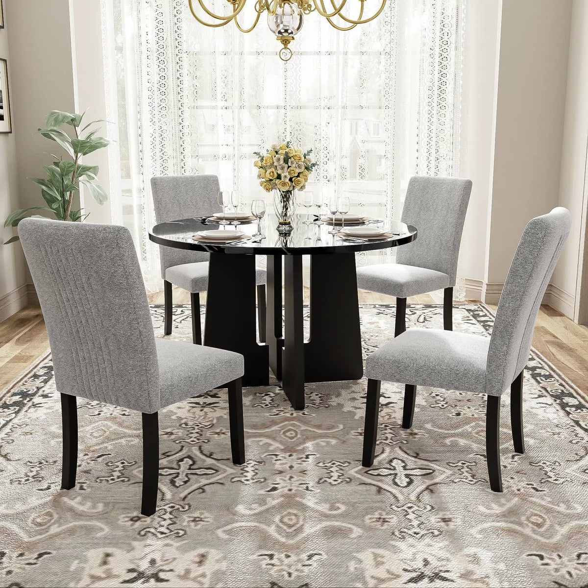 EUROCO 5-Piece Round Dining Table Set for 4, 43.3'' Kitchen Room Table with 4 Upholstered Chairs and Solid Wood Frame,Kitchen Table Set for Home Living Dining Room, Grey & Black