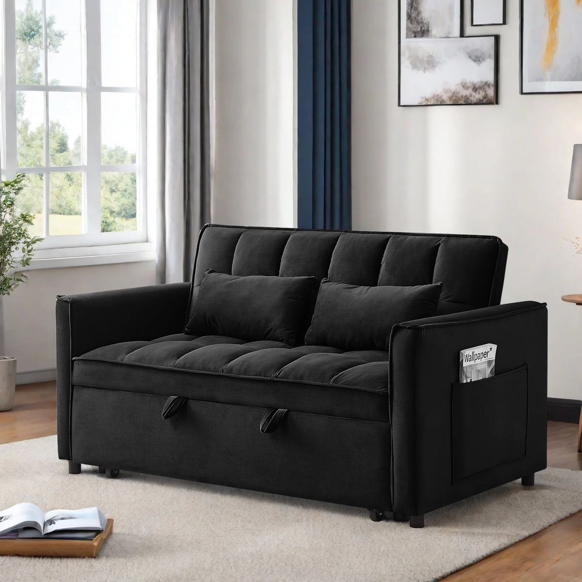 Convertible Sofa Bed,3-in-1 Sleeper Sofa with Pull Out Bed,Sleeper Futon Couch Loveseat with Adjsutable Backrest and Pillows for Living Room,Black
