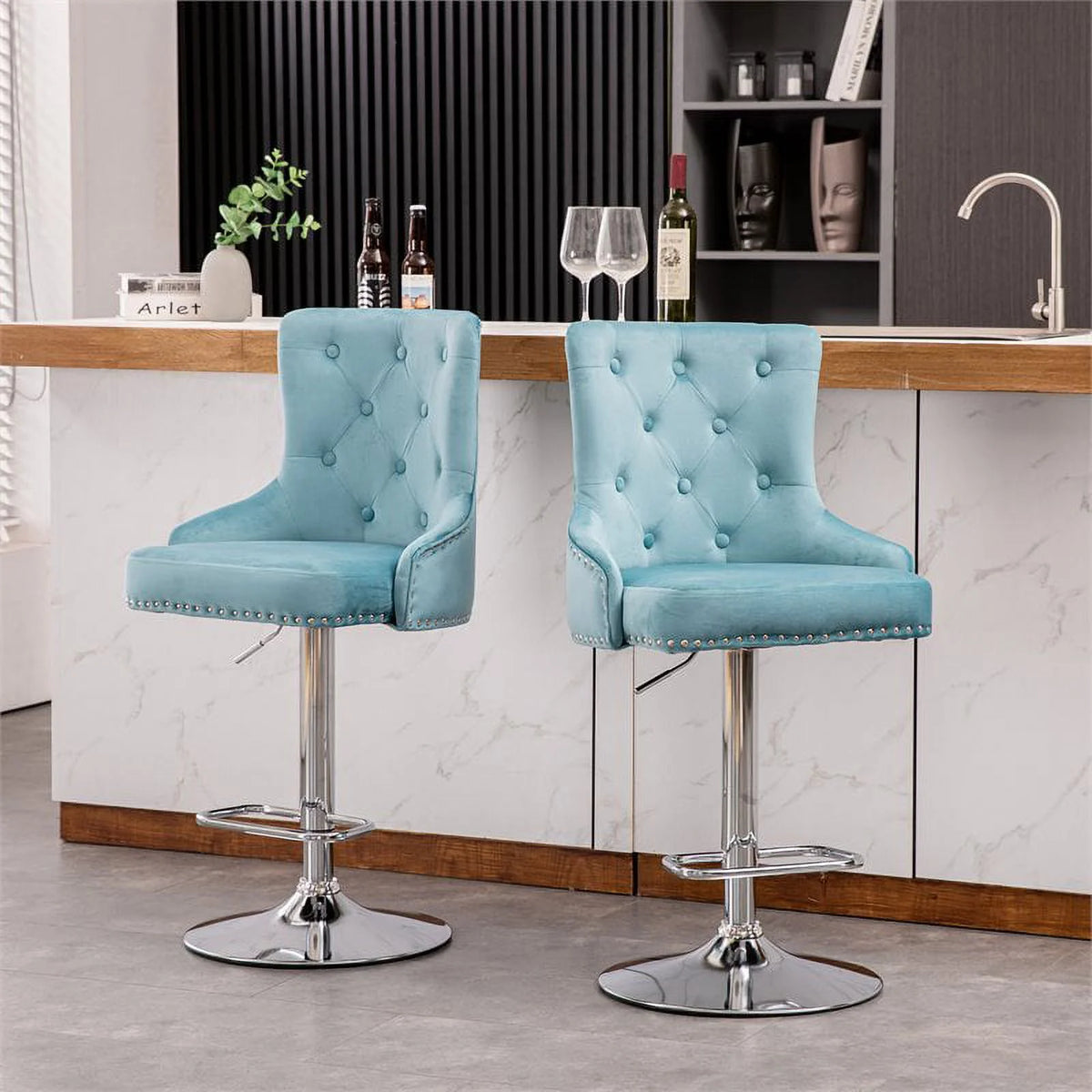 Alexent  2PCS Swivel Bar Stools, High Back, Button Tufted, Silver Footrest and Nailhead Trim Swivel Bar Chairs for Kitchen, Bar Velvet Upholstered Bar Stools, Dark Blue
