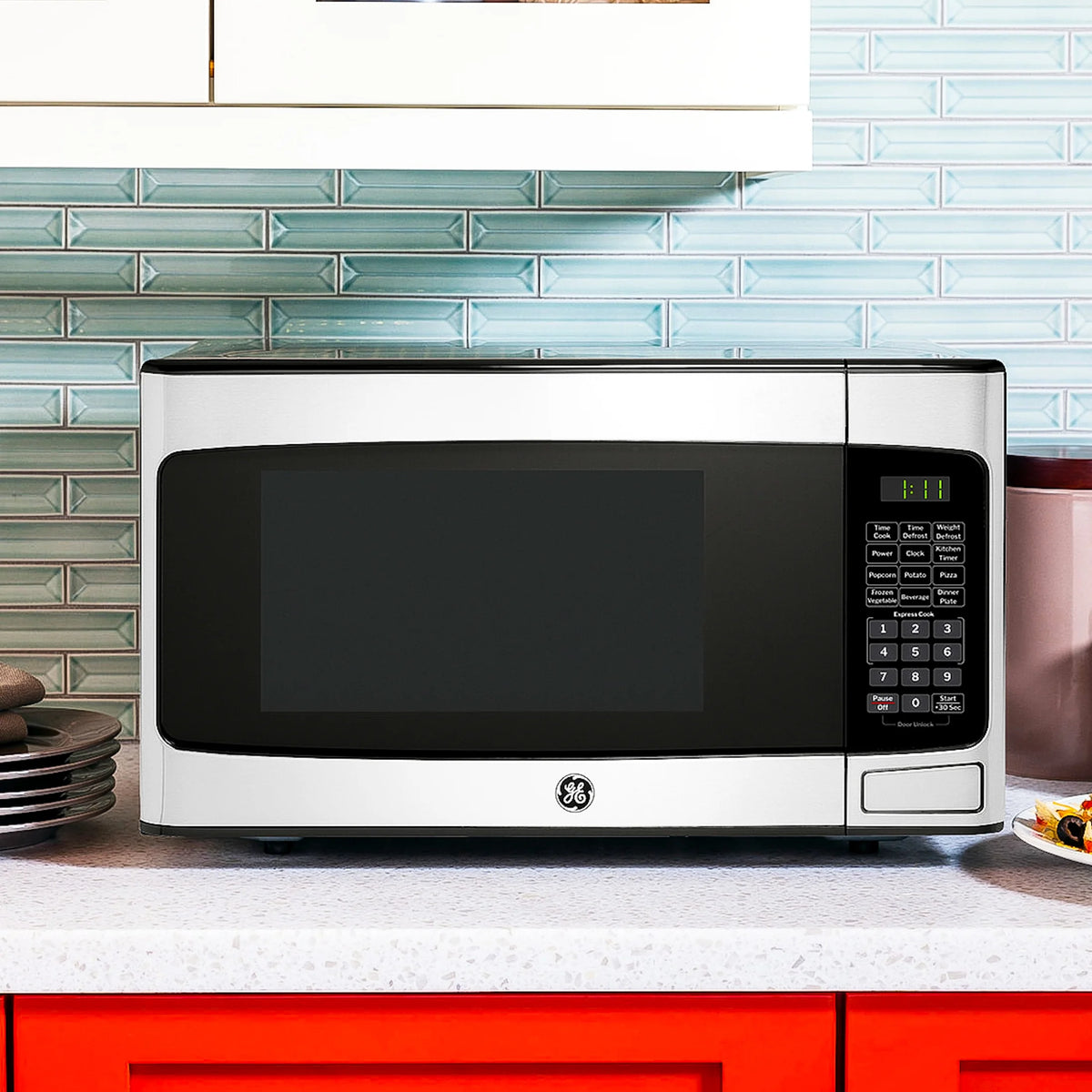 GE 1.1 Cu Ft Countertop Microwave Oven, 950W, Stainless Steel, One-Touch Cooking, Turntable, Auto Defrost, Child Lock, Model GCST11N1WSS