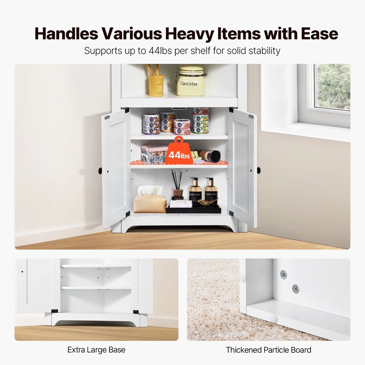 KFFKFF 32" Corner Utility Cabinet, Tri-Level Compact Storage Unit with Dual Wooden Doors & Flexible Shelving, Independent Corner Cabinet for Lounge, Kitchen, Laundry Area, Restroom, in White