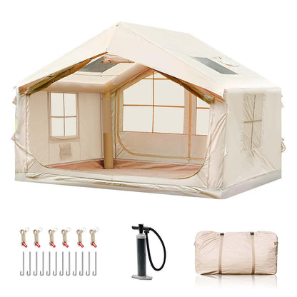 9.8' x 7' Inflatable Camping Tent,4 Season Blow up Tents for Camping, 4-6 Person Inflatable Tent with Stove Jack,Air Tents,Glamping Tent,Waterproof Luxury House with Mesh Window