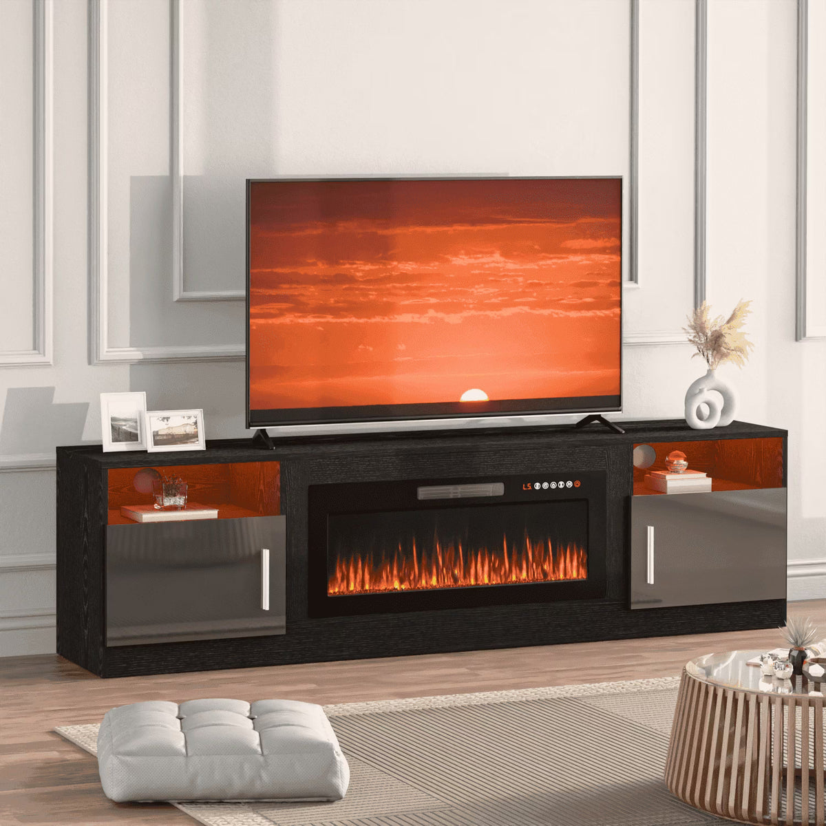 Waleaf Fireplace TV Stand with 36" Electric Fireplace Up to 80" TVs, Modern Wood Media TV Console with Highlight Cabinet, White