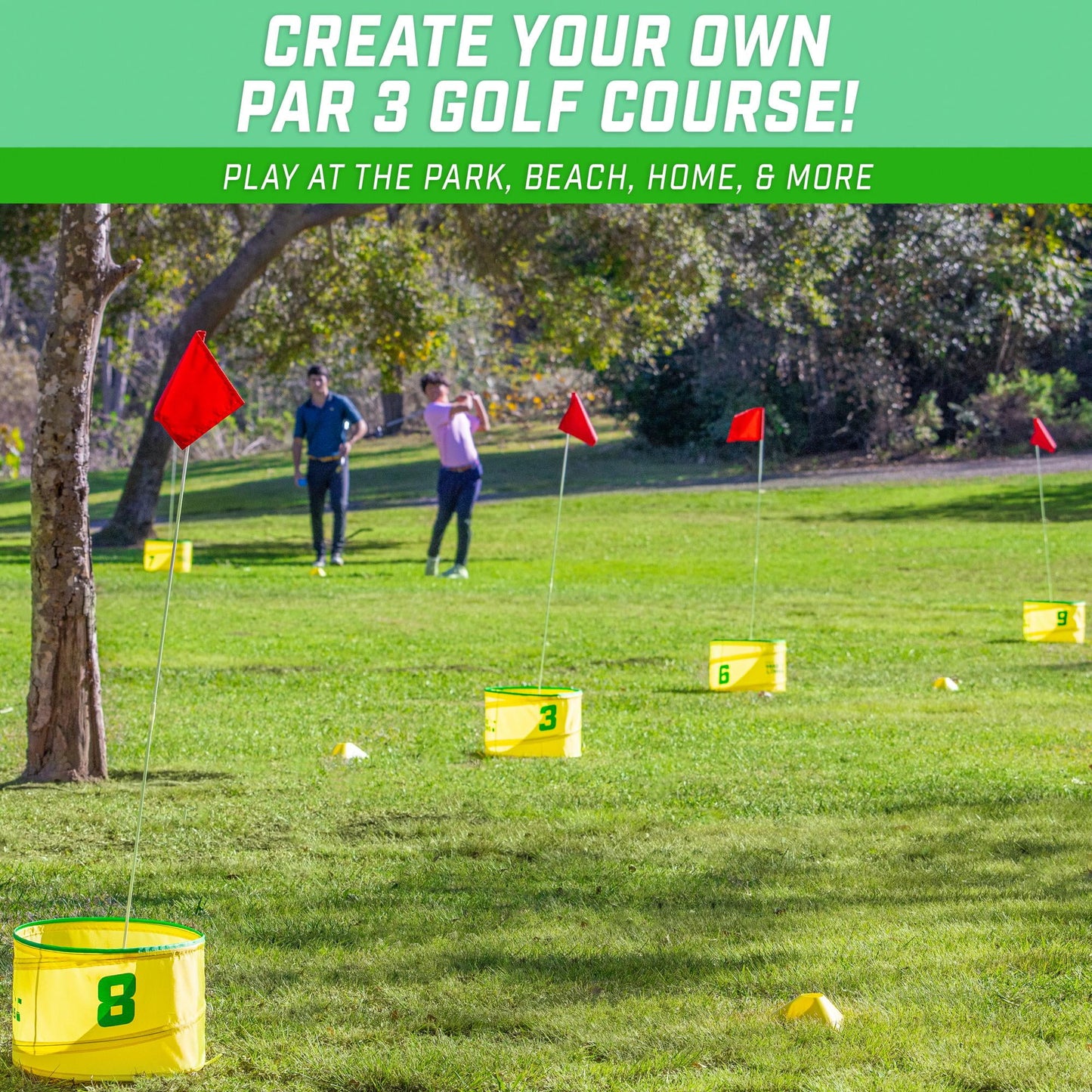 GoSports Yard Links Golf Game with 6 Buckets,  Backyard Practice Golfer Game, Tee Markers and 6 Balls